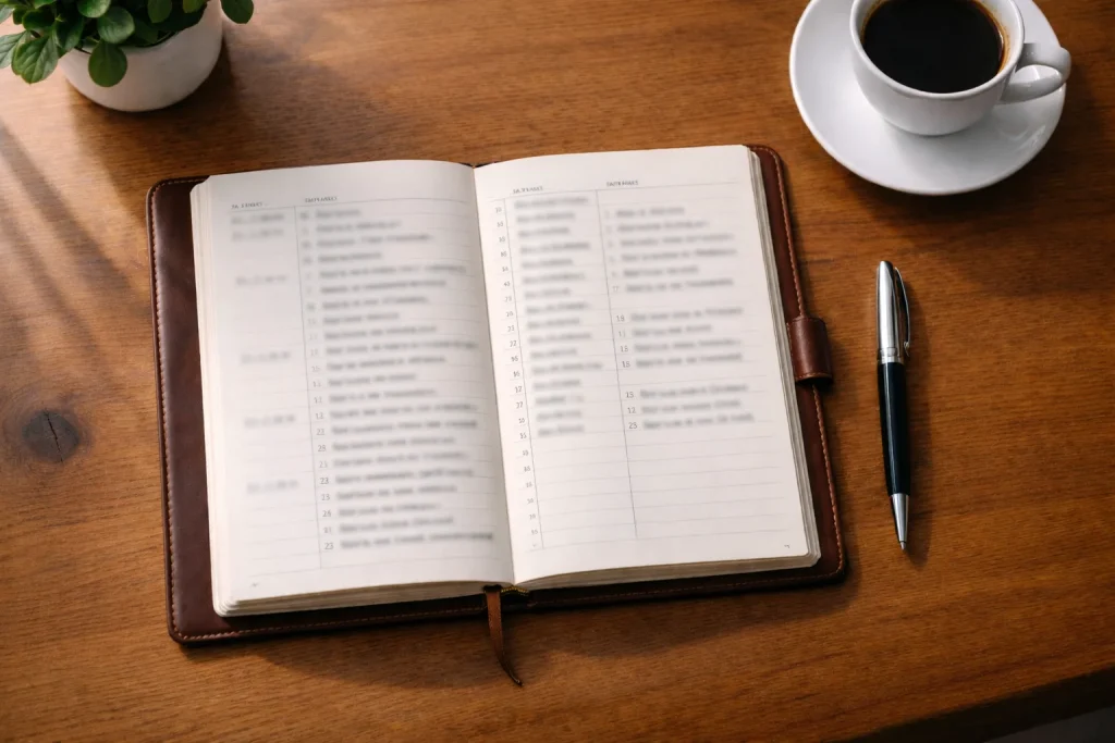 Notitieboek met een gestructureerd overzicht naast een pen op een bureau