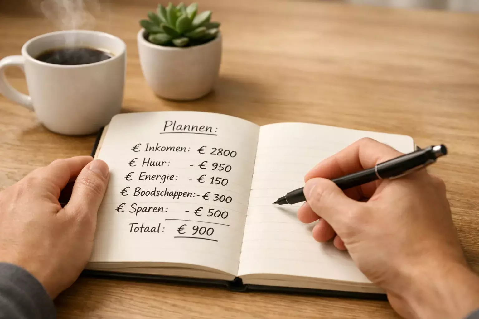 Persoon plant een budget in een notitieboek met een pen en een kop koffie op tafel