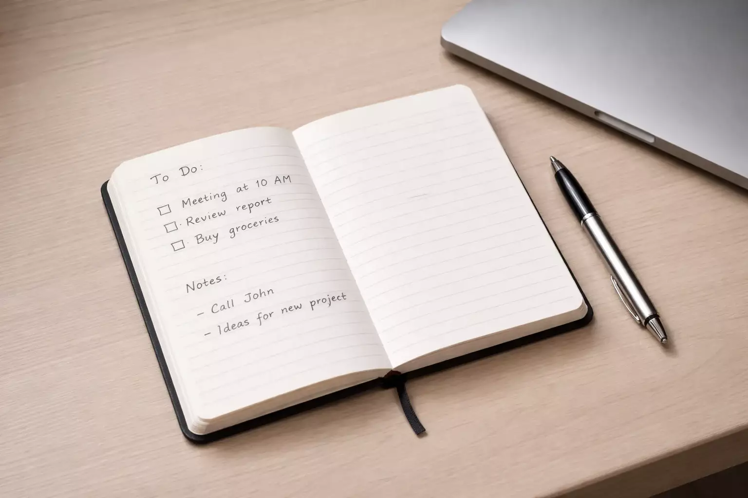 Notitieboek met aantekeningen en een pen op een bureau naast een laptop
