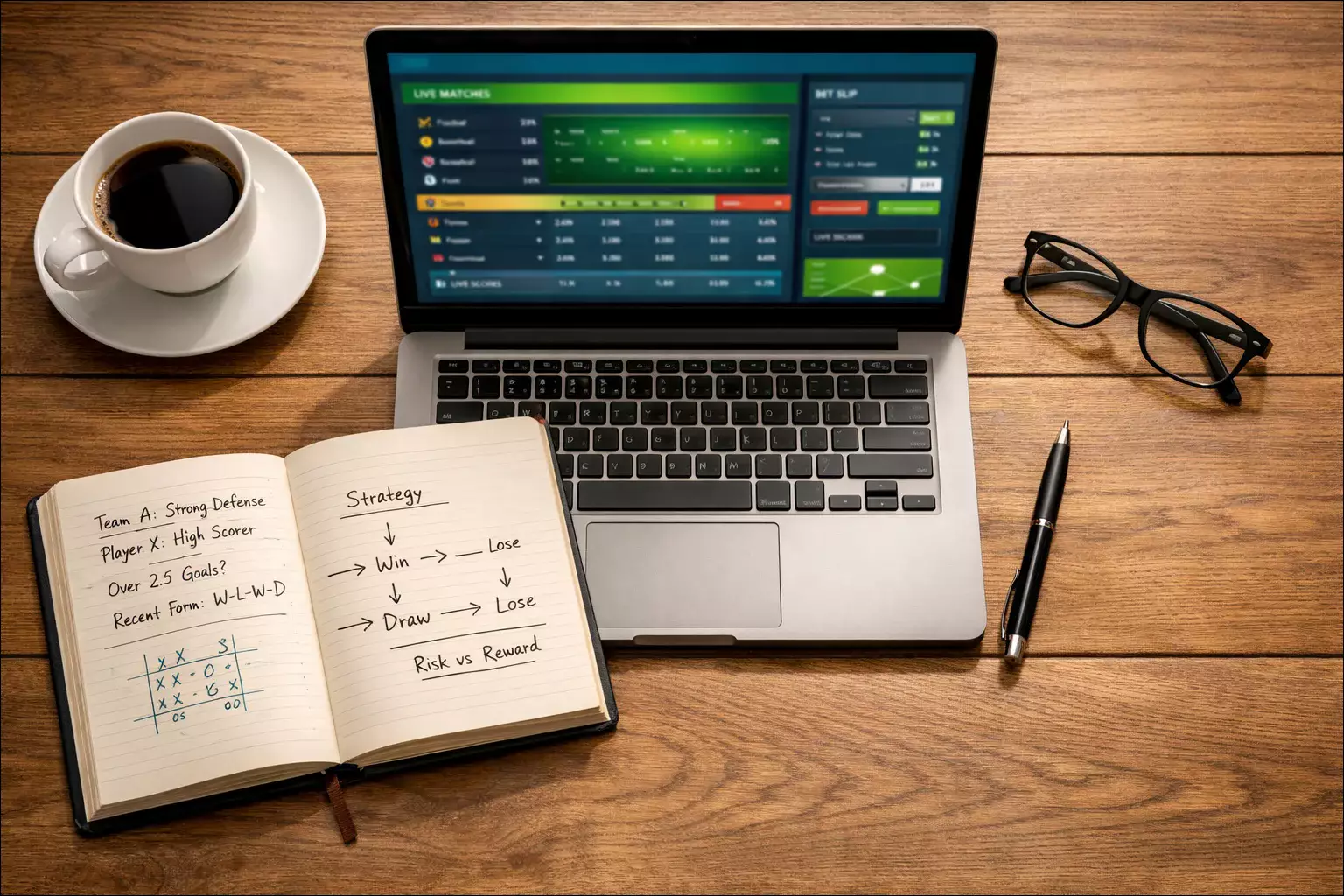 Laptop met basketbalstatistieken en notitieblok met analyses van teamgegevens