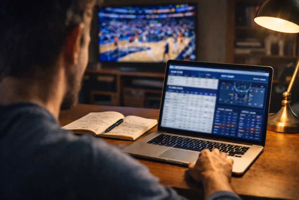 Persoon analyseert basketbalstatistieken op een laptop met een wedstrijd op de achtergrond op TV