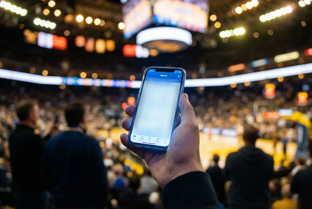 Smartphone in een hand toont een sportapp met basketbalwedstrijden in een stadionsetting