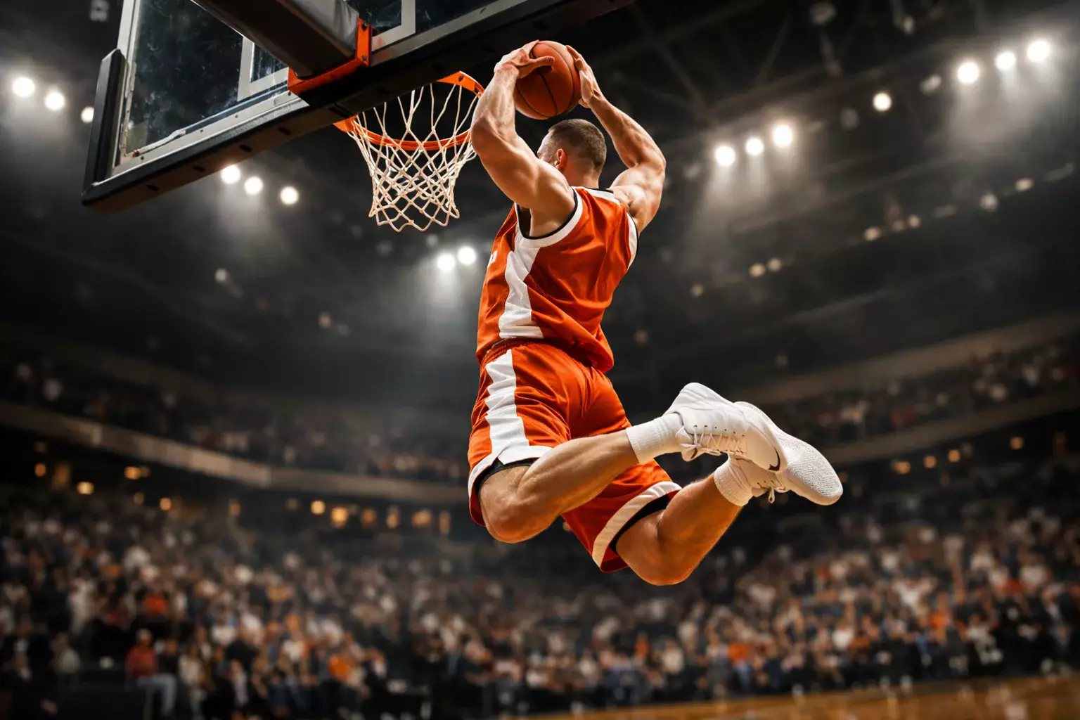 Basketbalspeler maakt een dunk tijdens een professionele wedstrijd in een verlichte arena
