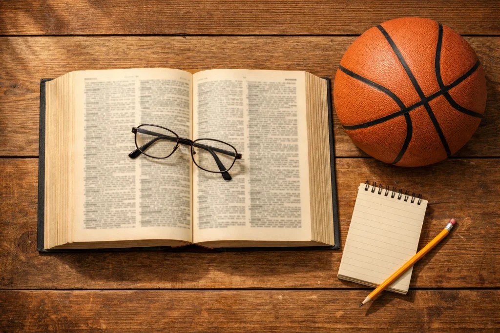 Opengeslagen woordenboek naast een basketbal op een houten bureau bij daglicht