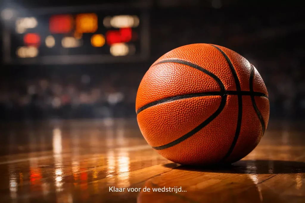 Close-up van een basketbal op een professioneel parket met scorebord op de achtergrond