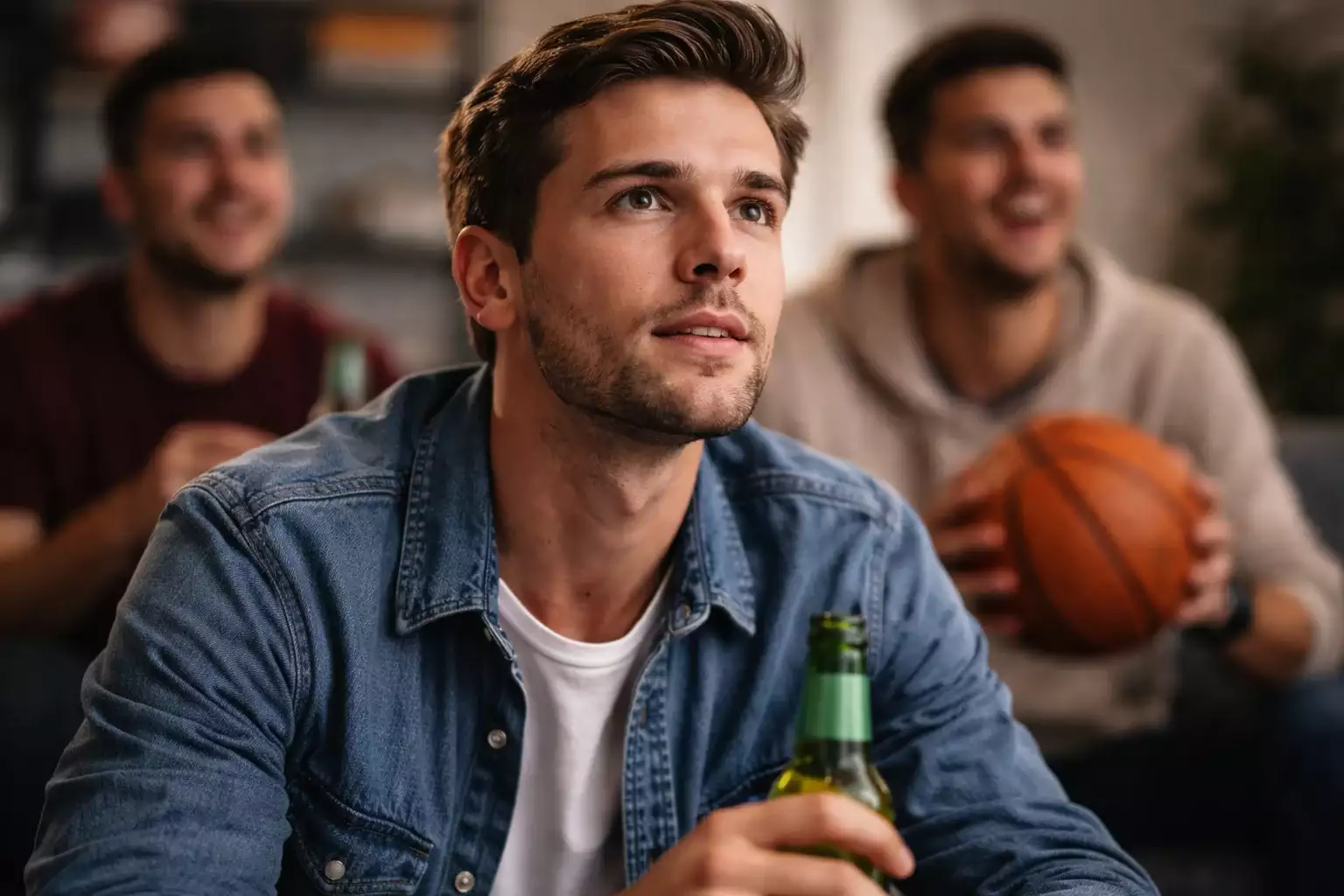 Jonge fan kijkt geconcentreerd naar een basketbalwedstrijd met vrienden op de achtergrond