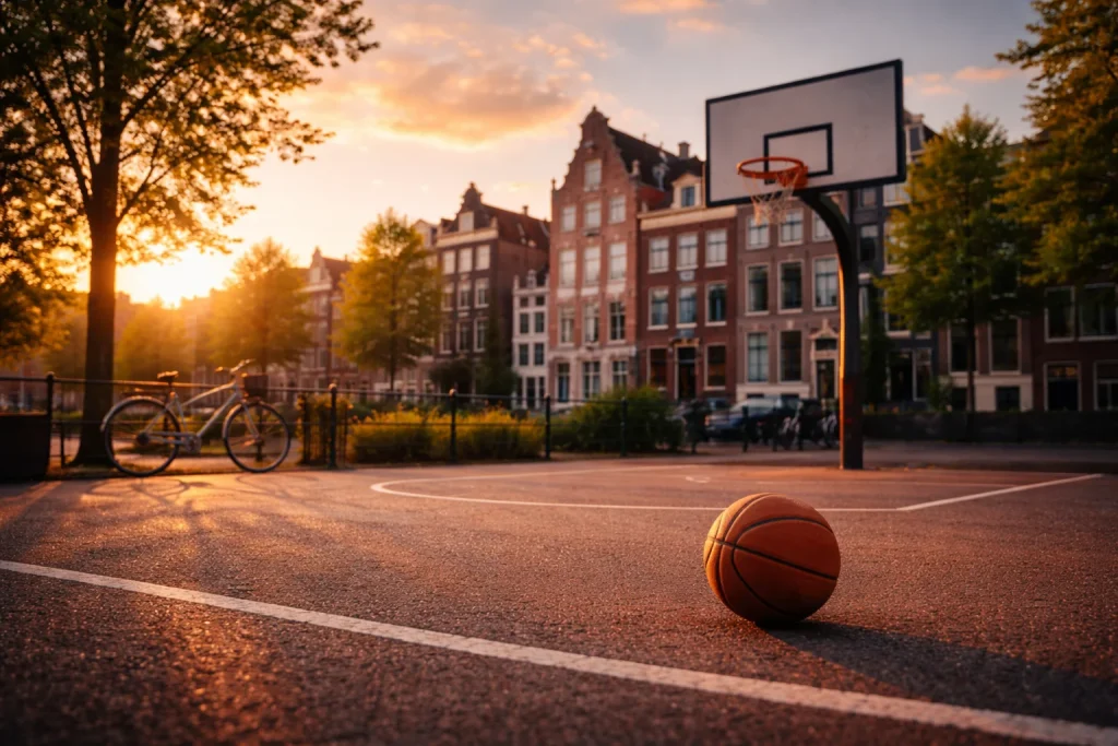Nederlands stadsbeeld met een basketbalcourt op de voorgrond bij avondlicht