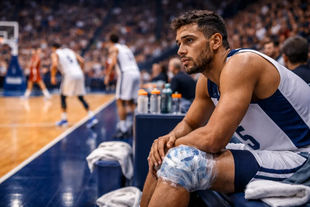 Basketbalspeler zit op de bank met ijs op zijn knie terwijl teamgenoten doorspelen