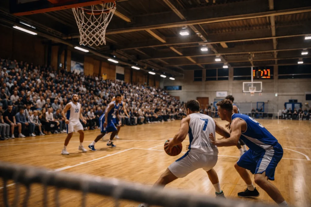 Basketbalwedstrijd in een Nederlandse sporthal met betrokken publiek langs het court