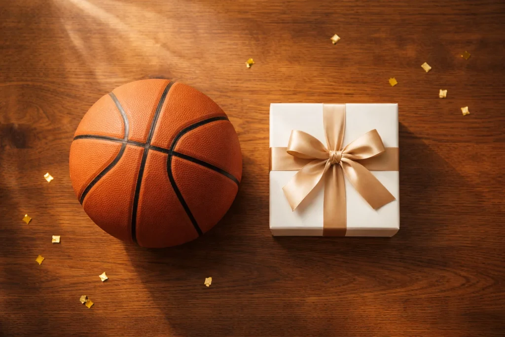 Feestelijke sfeer met basketbal en cadeauverpakking op een houten tafel
