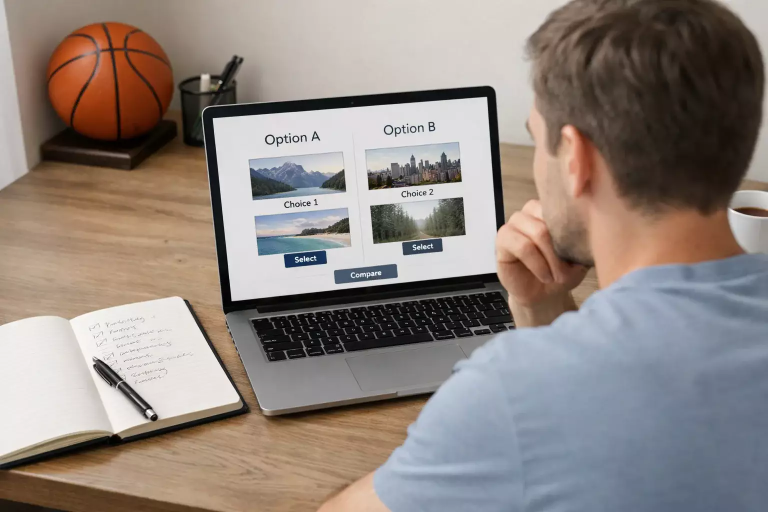 Persoon vergelijkt opties op een laptop met aantekeningen in een notitieboek