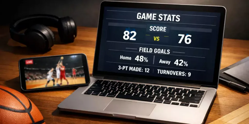 Smartphone met basketbalwedstrijd en laptop met statistieken op een bureau