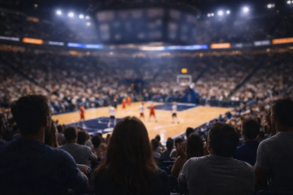 Basketbalwedstrijd in het derde kwart met een spannend scoreverloop op het bord