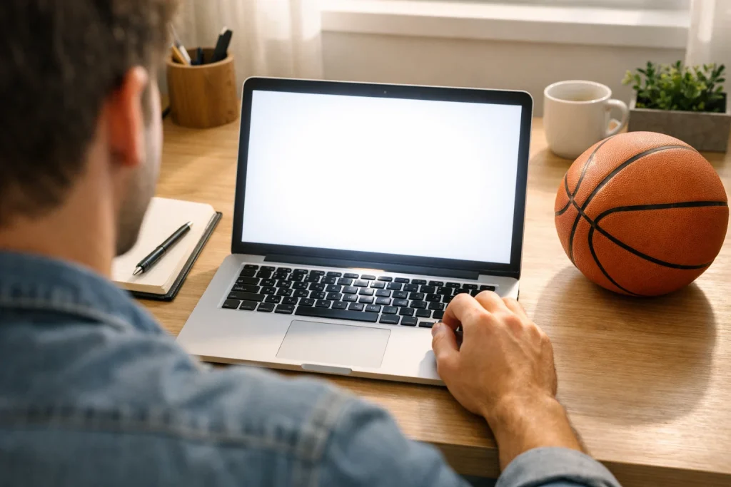 Persoon opent een laptop aan een bureau, klaar om te beginnen met een basketbal ernaast