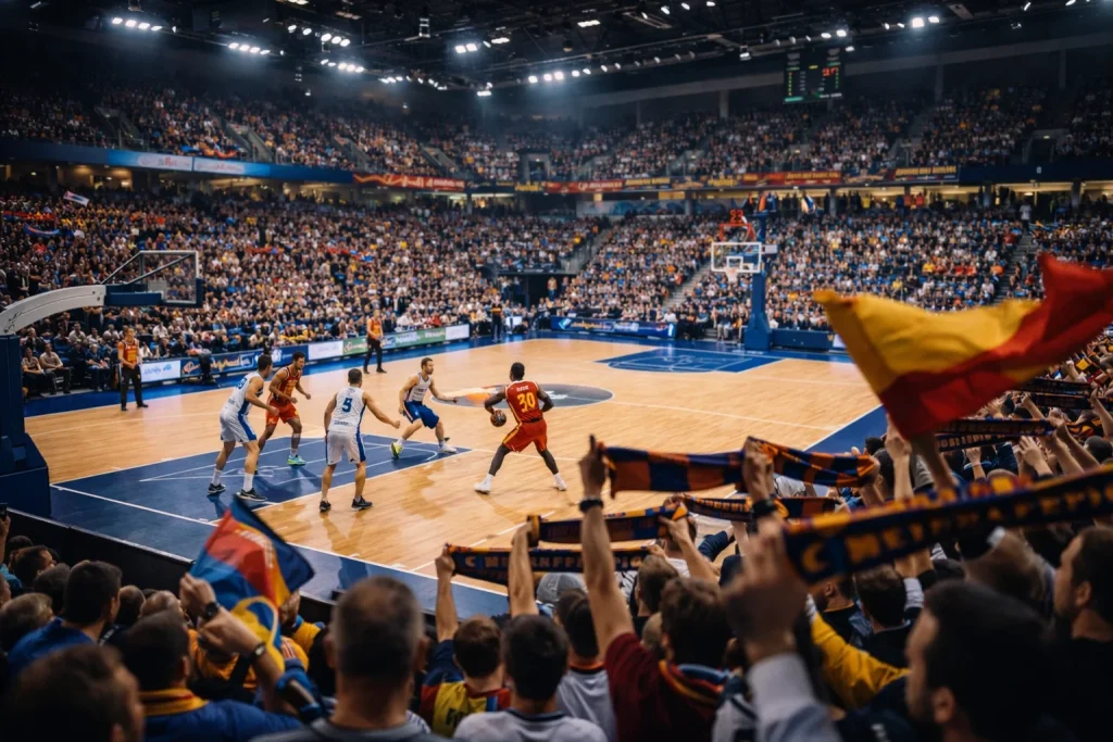 EuroLeague basketbalwedstrijd in een Europese arena met enthousiaste fans en vlaggen