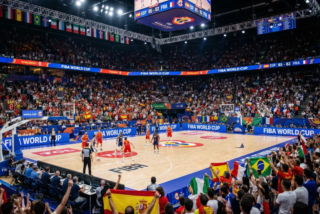 Internationale basketbalwedstrijd met nationale teams en vlaggen van verschillende landen in de arena