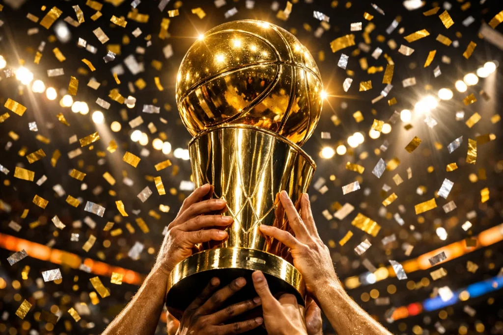 NBA-kampioenstrofee wordt omhooggehouden in een feestelijke arena met confetti