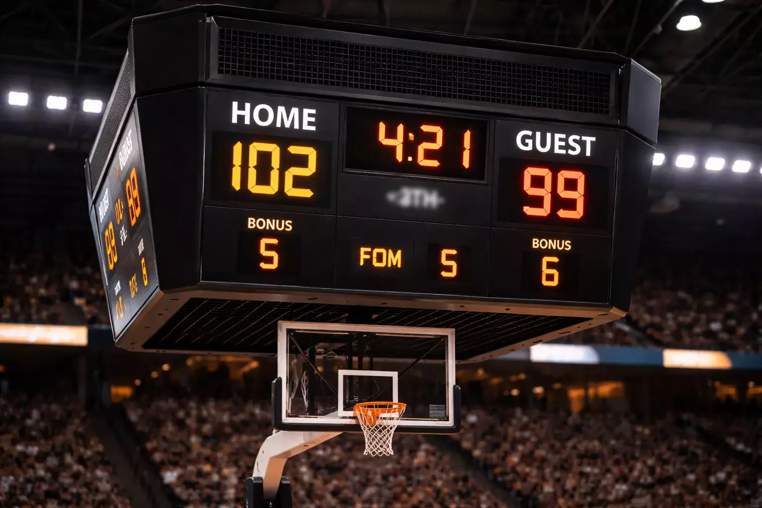 Scorebord in een basketbalarena dat de stand van een wedstrijd toont
