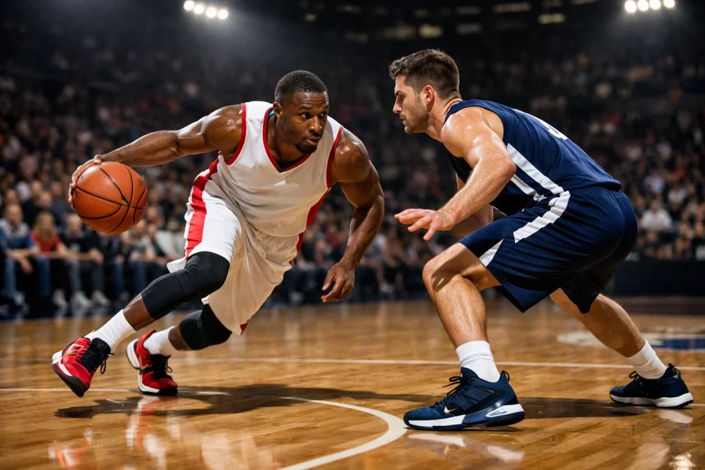 Basketbalspeler dribbelt voorbij een verdediger op een professioneel court met fel licht