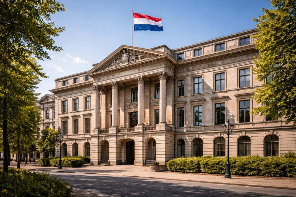 Officieel gebouw in Den Haag met Nederlandse vlag als symbool voor regulering en wetgeving