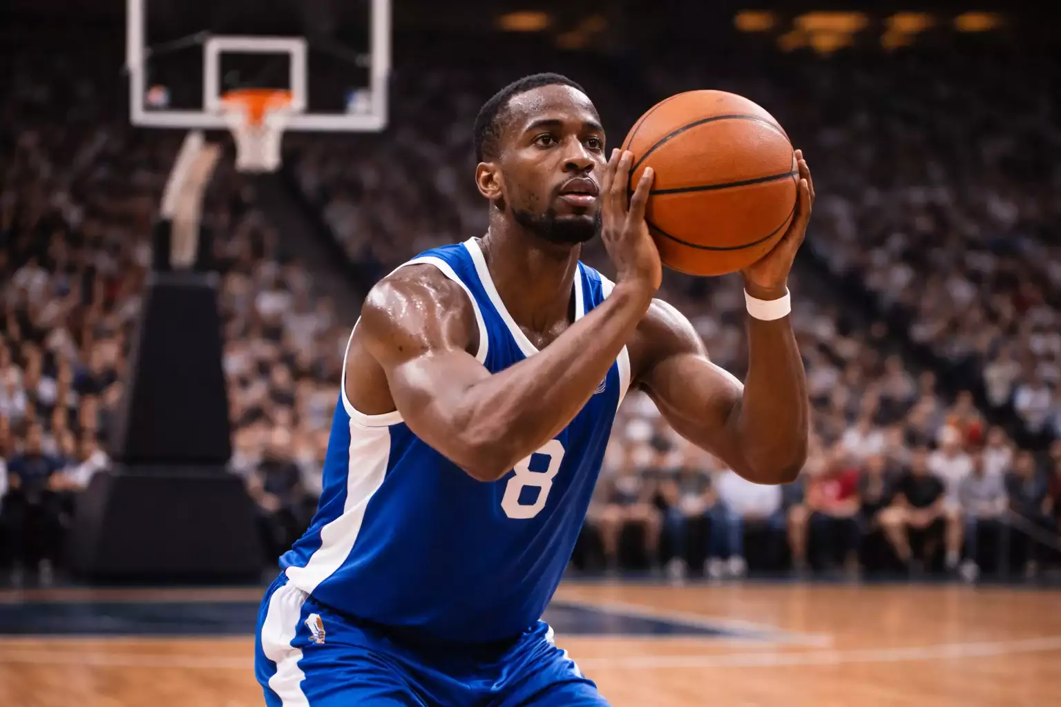 Basketbalspeler neemt een vrije worp terwijl het publiek gespannen toekijkt