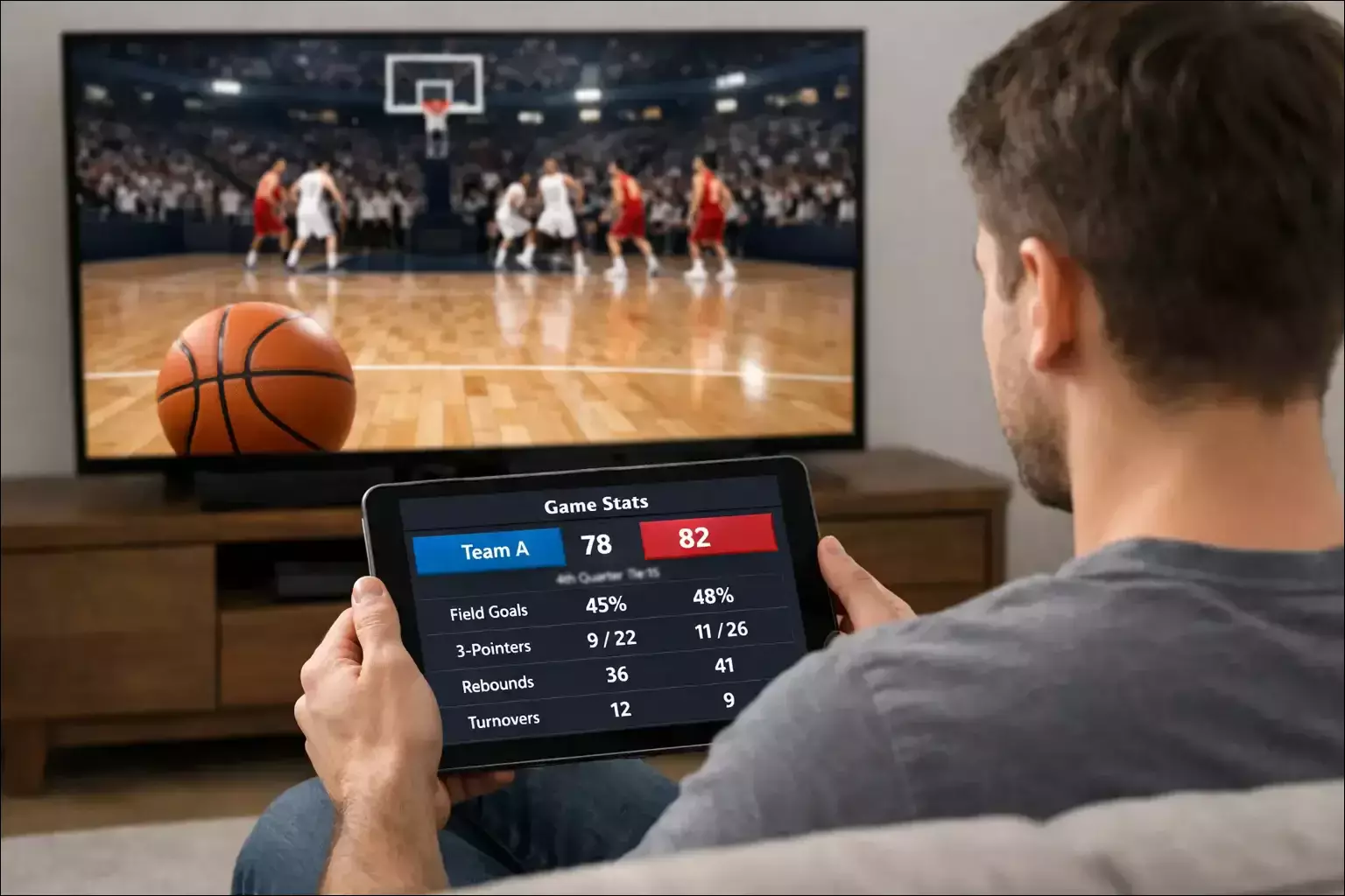 Persoon kijkt naar een basketbalwedstrijd op TV met een tablet met statistieken in de hand