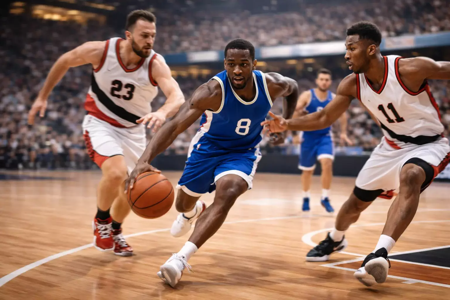 Basketbalspelers in actie tijdens een snelle aanval met wazig publiek op de achtergrond