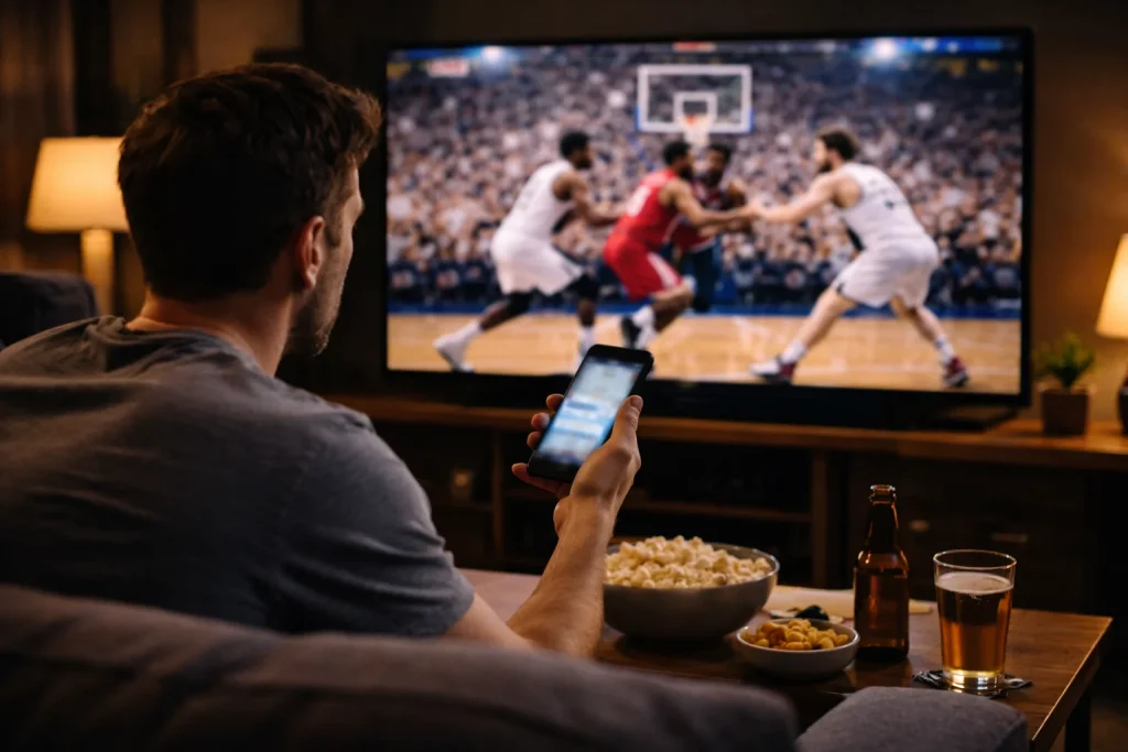 Persoon kijkt naar een live basketbalwedstrijd op TV met een smartphone in de hand