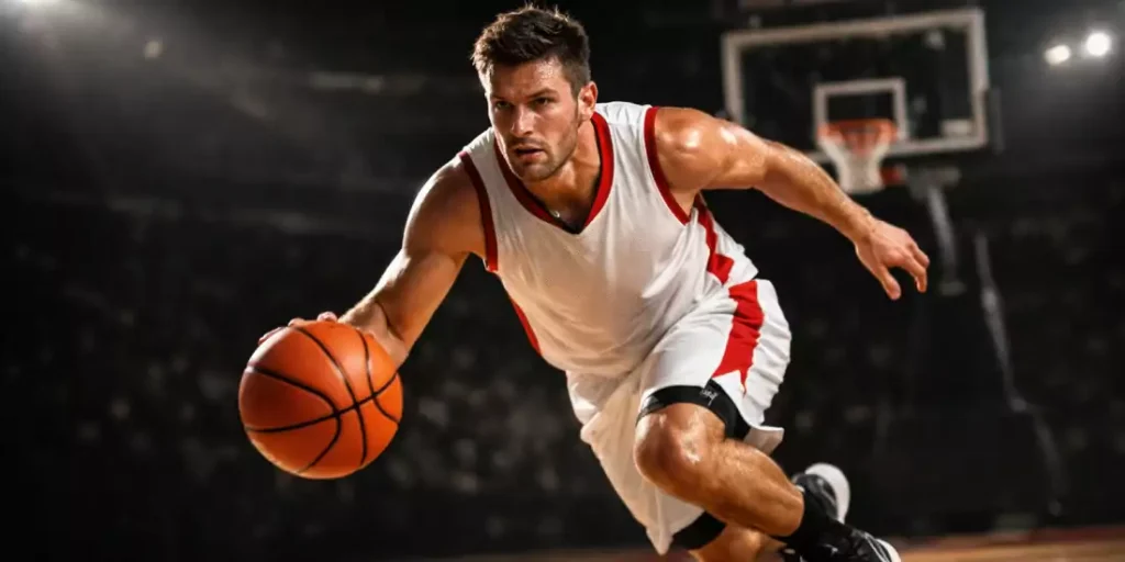 Intense basketbalactie met speler die naar de basket dribbelt terwijl de klok aftelt