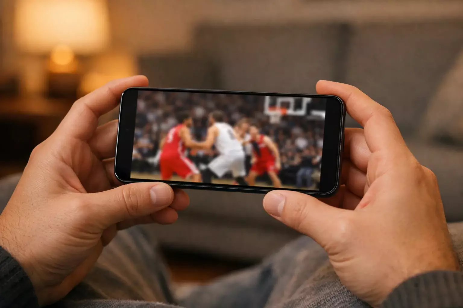 Handen houden een smartphone vast met een live basketbalwedstrijd op het scherm