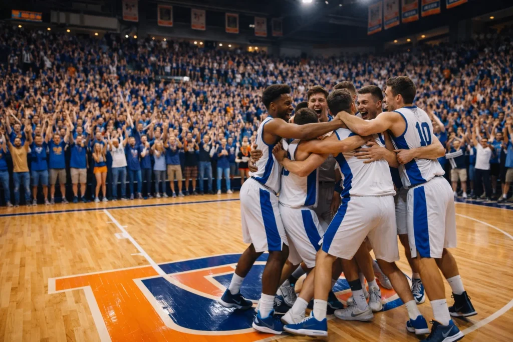 College basketbalteam viert een overwinning op het court met juichende studenten op de tribune
