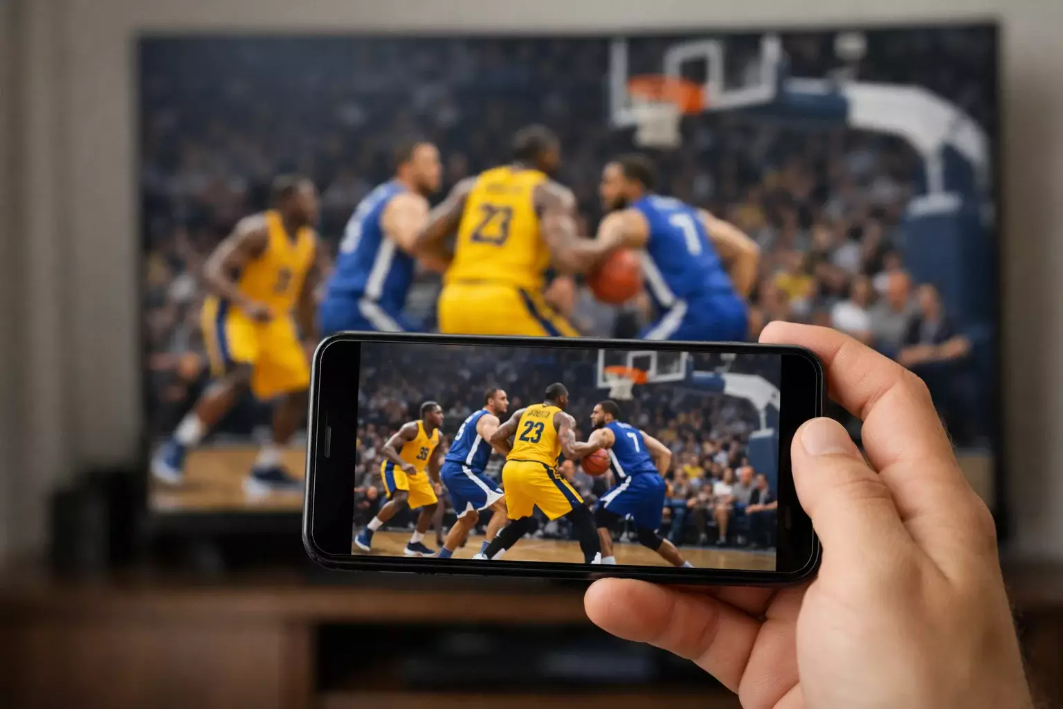 Hand houdt smartphone vast met basketbalwedstrijd terwijl een TV op de achtergrond dezelfde wedstrijd toont