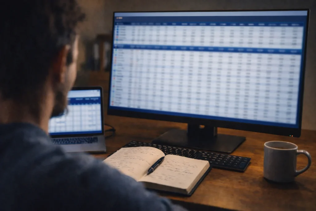 Persoon werkt aan een spreadsheet met basketbaldata op een groot computerscherm
