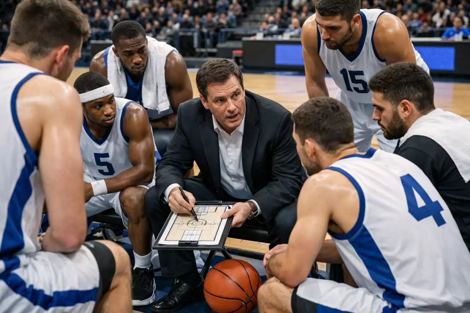 Coach geeft instructies aan spelers tijdens een time-out in een basketbalwedstrijd