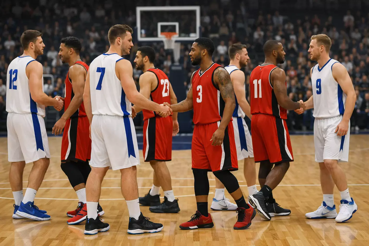 Basketbalteams schudden handen na een wedstrijd op het parket
