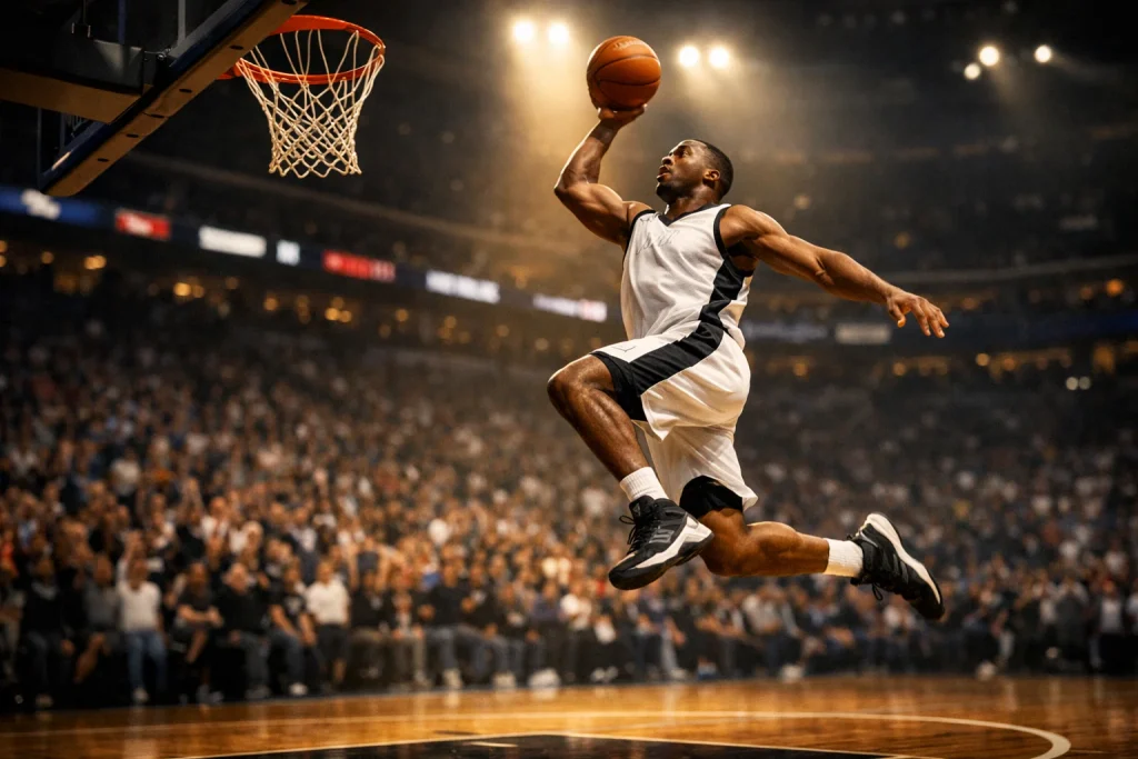 Basketbalspeler maakt een winnend schot tijdens een NBA-wedstrijd in een volle arena