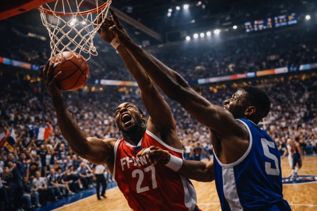 Intense NBA-playoffwedstrijd met verdedigers in een fysiek duel onder de basket