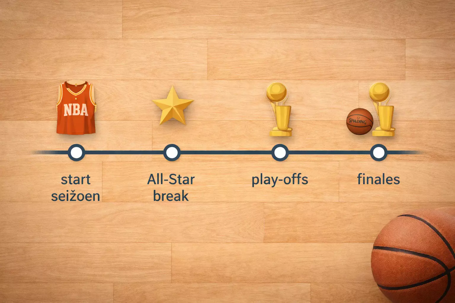 Tijdlijn van het NBA seizoen met belangrijke momenten zoals All-Star break en play-offs