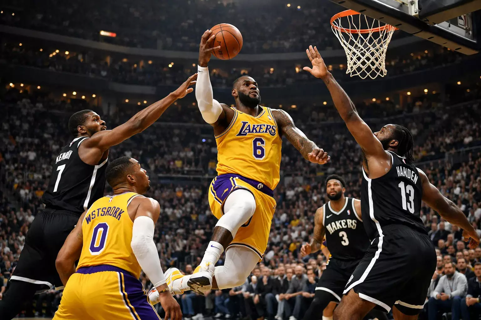 Professionele basketbalspelers in actie tijdens een intense wedstrijd op een NBA parket
