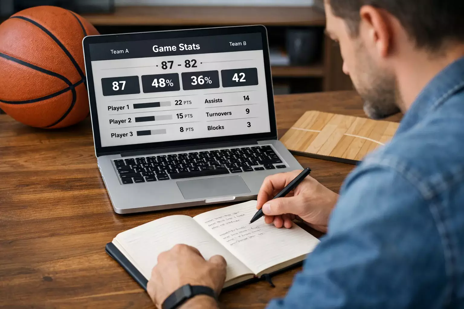 Persoon die notities maakt in een notitieboek met basketbalstatistieken op een laptopscherm