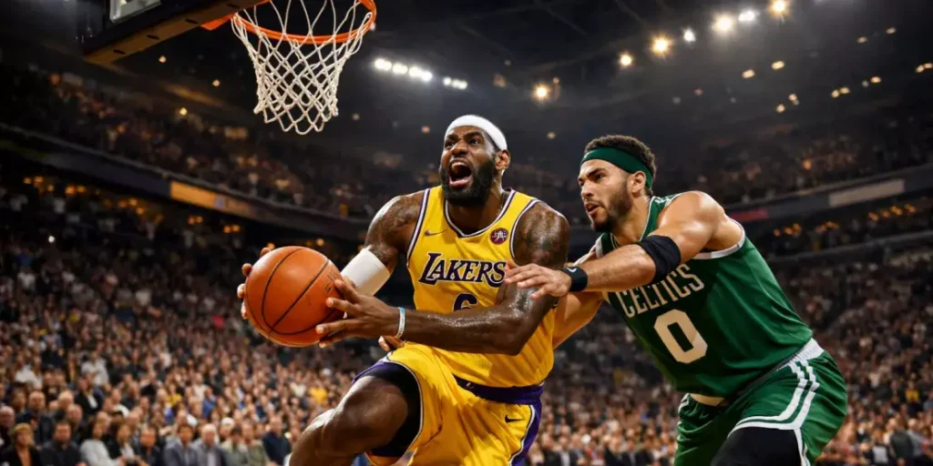 NBA basketbalwedstrijd in een uitverkochte arena met spelers in actie op het parket