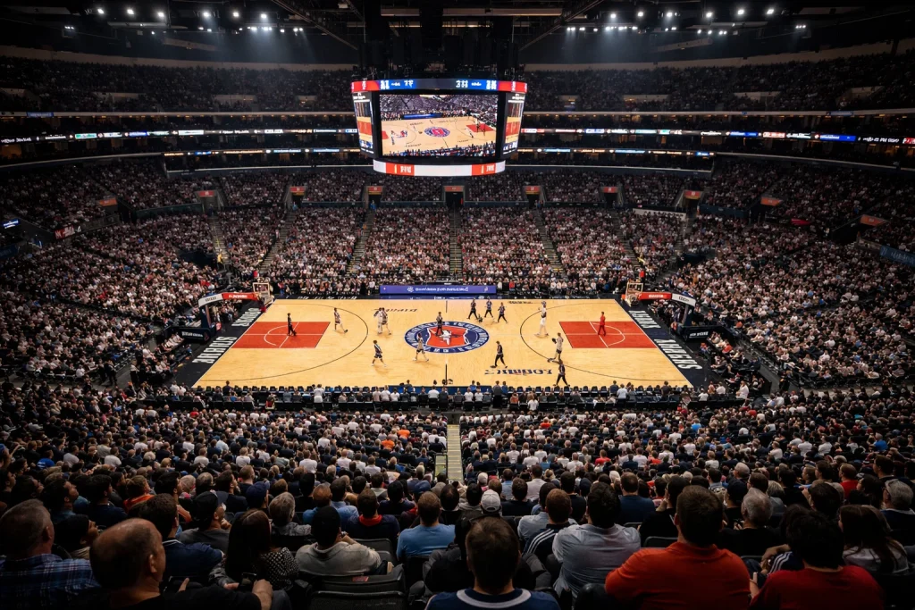 Overzicht van een NBA-basketbalcourt vanuit de tribunes tijdens een reguliere seizoenswedstrijd