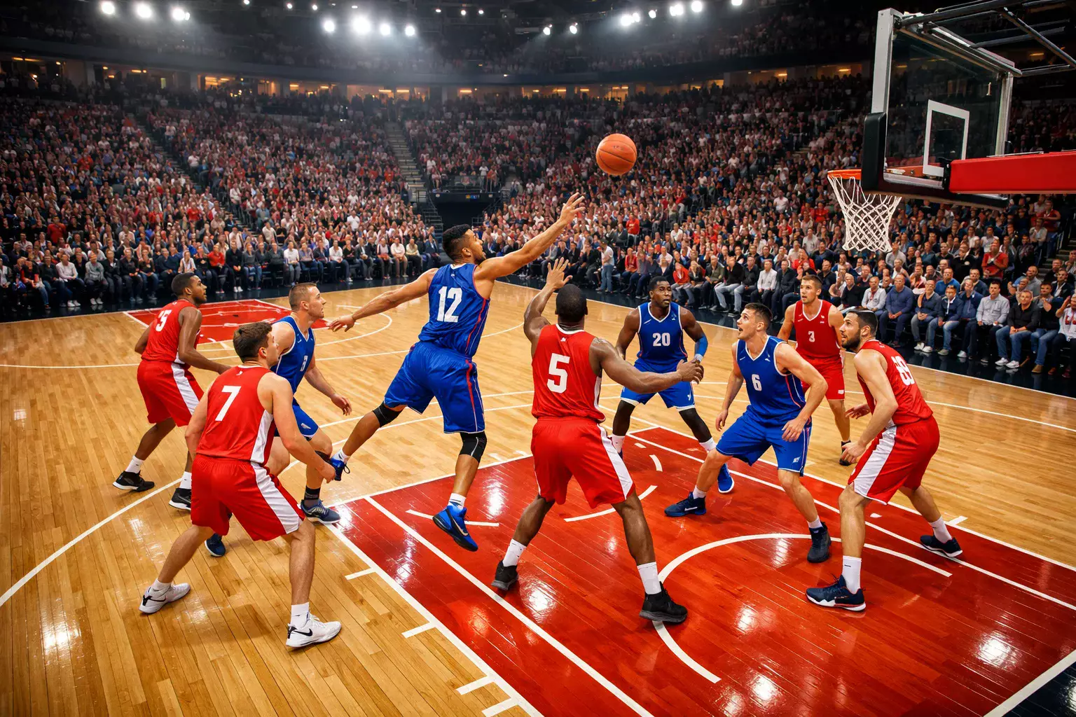 NBA-wedstrijd in een uitverkochte arena met spelers in actie op het hardhouten veld