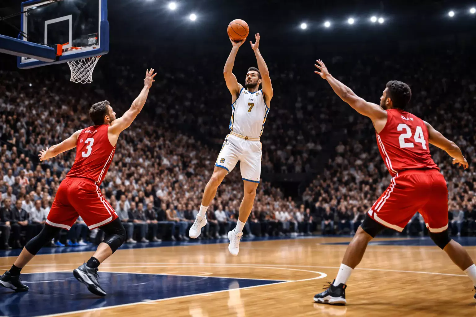 Basketbalspeler die een driepunter maakt terwijl verdedigers toekijken