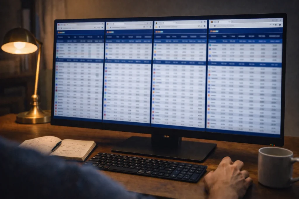 Computerscherm toont meerdere tabbladen met basketbalwedstrijd odds naast elkaar