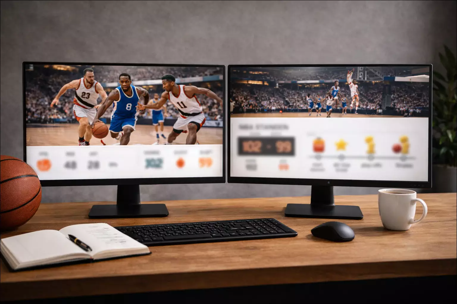 Moderne desktop setup met meerdere schermen die sportstatistieken tonen