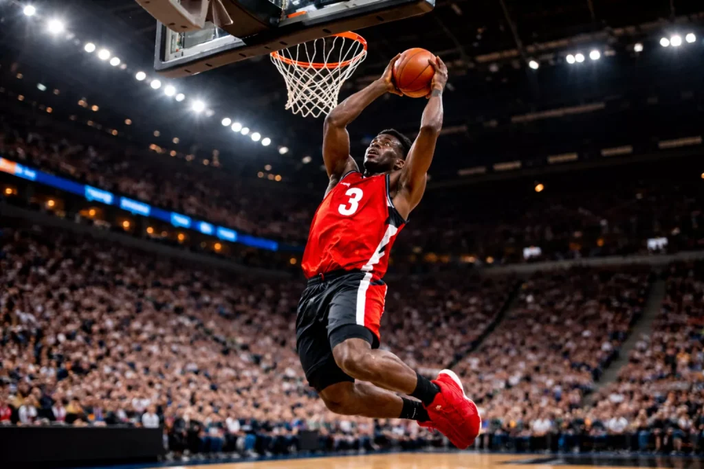 Twee basketbalteams in actie tijdens een hoogscorende wedstrijd op een professioneel court
