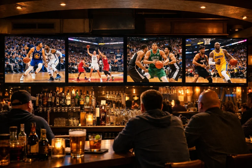 Meerdere basketbalwedstrijden tegelijk zichtbaar op schermen in een sportbar
