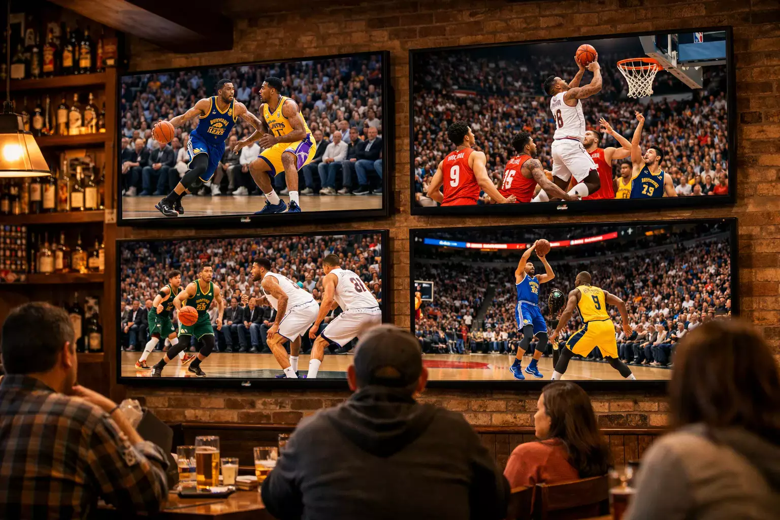 Meerdere basketbalwedstrijden op schermen in een sportcafé