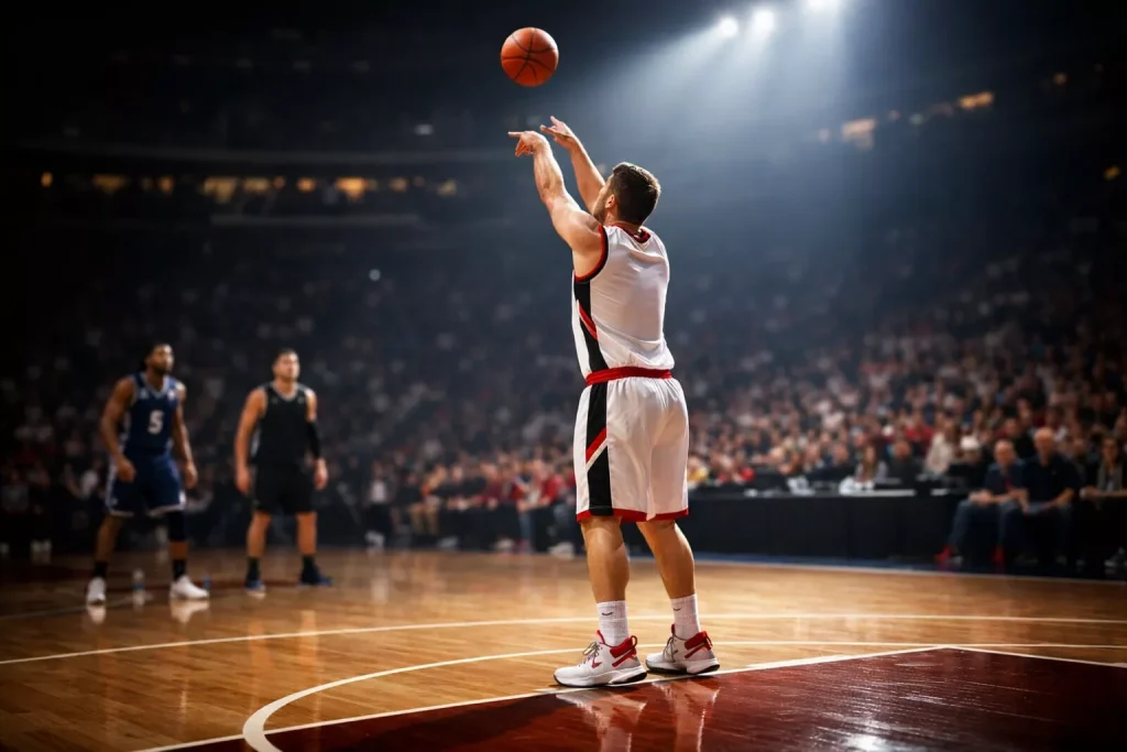 Basketbalspeler scoort een driepunter terwijl verdedigers toekijken in een arena